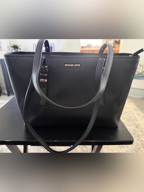 Michael Kors Black Pebbled Leather Tote with Gold Logo